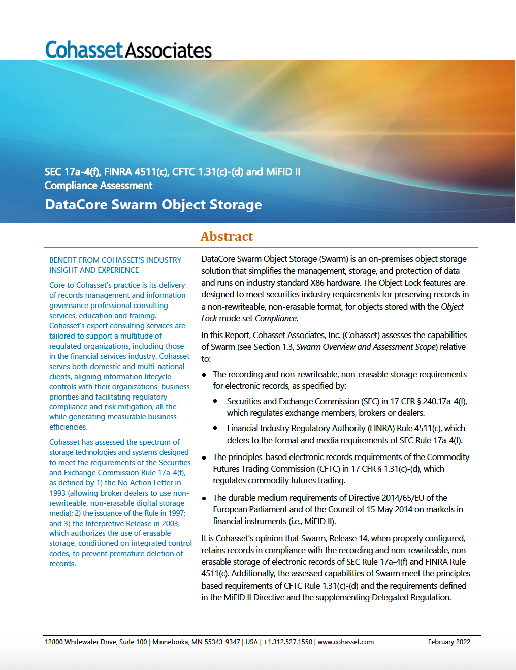 Cohasset Compliance Assessment Swarm Object Storage